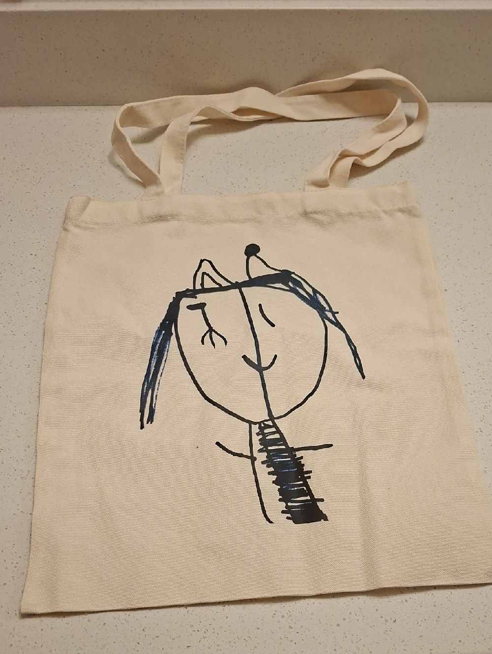 Canvas Tote Bag with Hand-Drawn Face Print - Cream